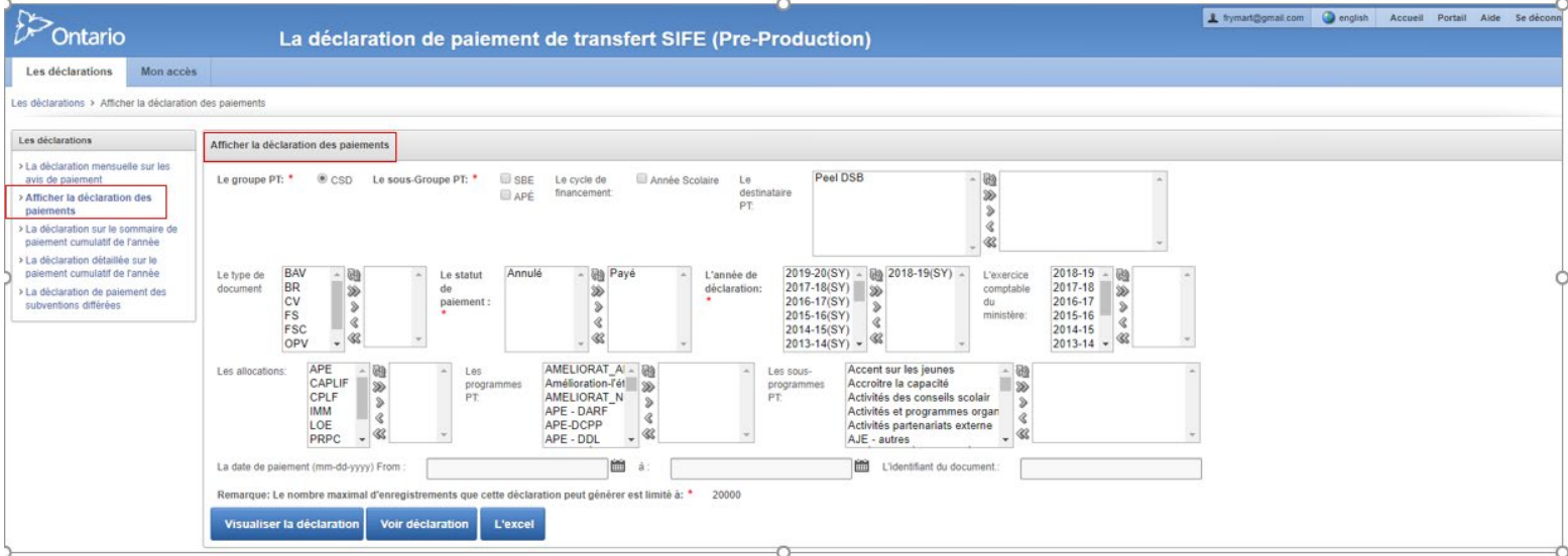 La déclaration de paiement de transfert SIFE (Pre-Production)